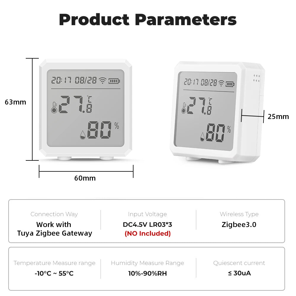 Zigbee Temperature Humidity Sensor with Tuya APP LCD Screen Digital Display Wireless Thermometer Work with Black or White Color