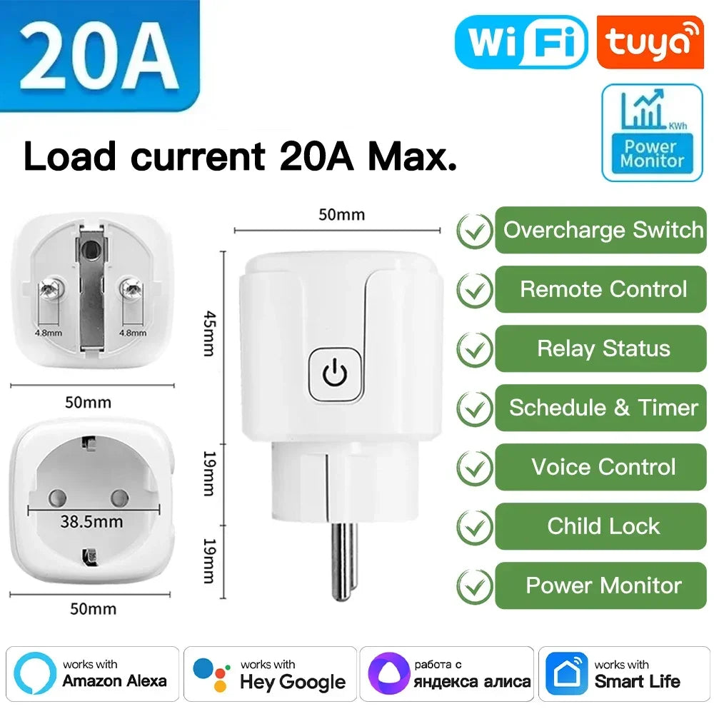 16/20A EU Smart Socket WiFi Smart Plug with Power Monitoring Timing Function Voice Control Works With Tuya APP Alexa Google Home