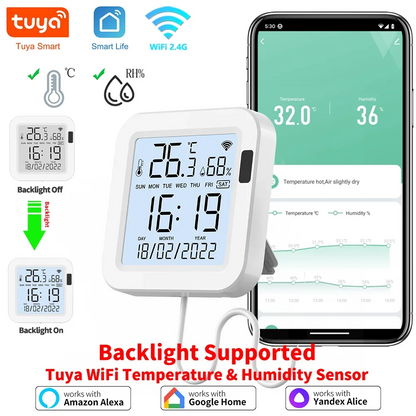 Tuya WiFi Temperature Humidity Sensor With Backlight for Smart Home APP Remote ControlWork with SmartLife Yandex Alexa