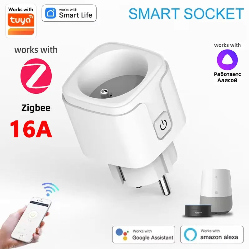Tuya Smart WiFi/Zigbee Plug Socket EU Outlet 16A/20A with Power Monitoring Timer Function Voice Control Alexa Google Home Alice