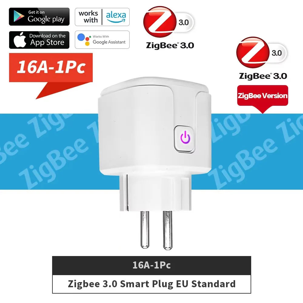 1pcs Tuya ZigBee 3.0 WiFi Smart Plug EU 16A/20A Power Monitor Timing Smart Socket Voice Control via Alexa Google Home Smart Life