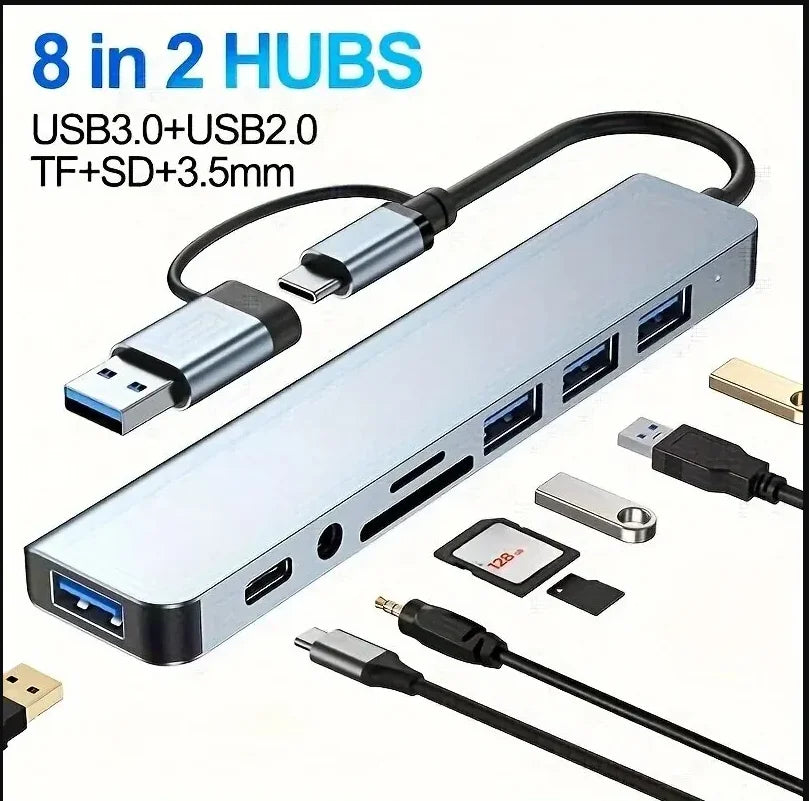 8 in 2 USB +Type C HUB Docking Station with 3.5mm Audio Jack Adapter Micro SD Card Reader Laptop Tablet Phone Disk Converter