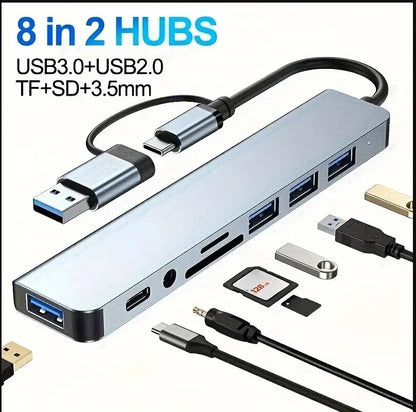 8 in 2 USB +Type C HUB Docking Station with 3.5mm Audio Jack Adapter Micro SD Card Reader Laptop Tablet Phone Disk Converter