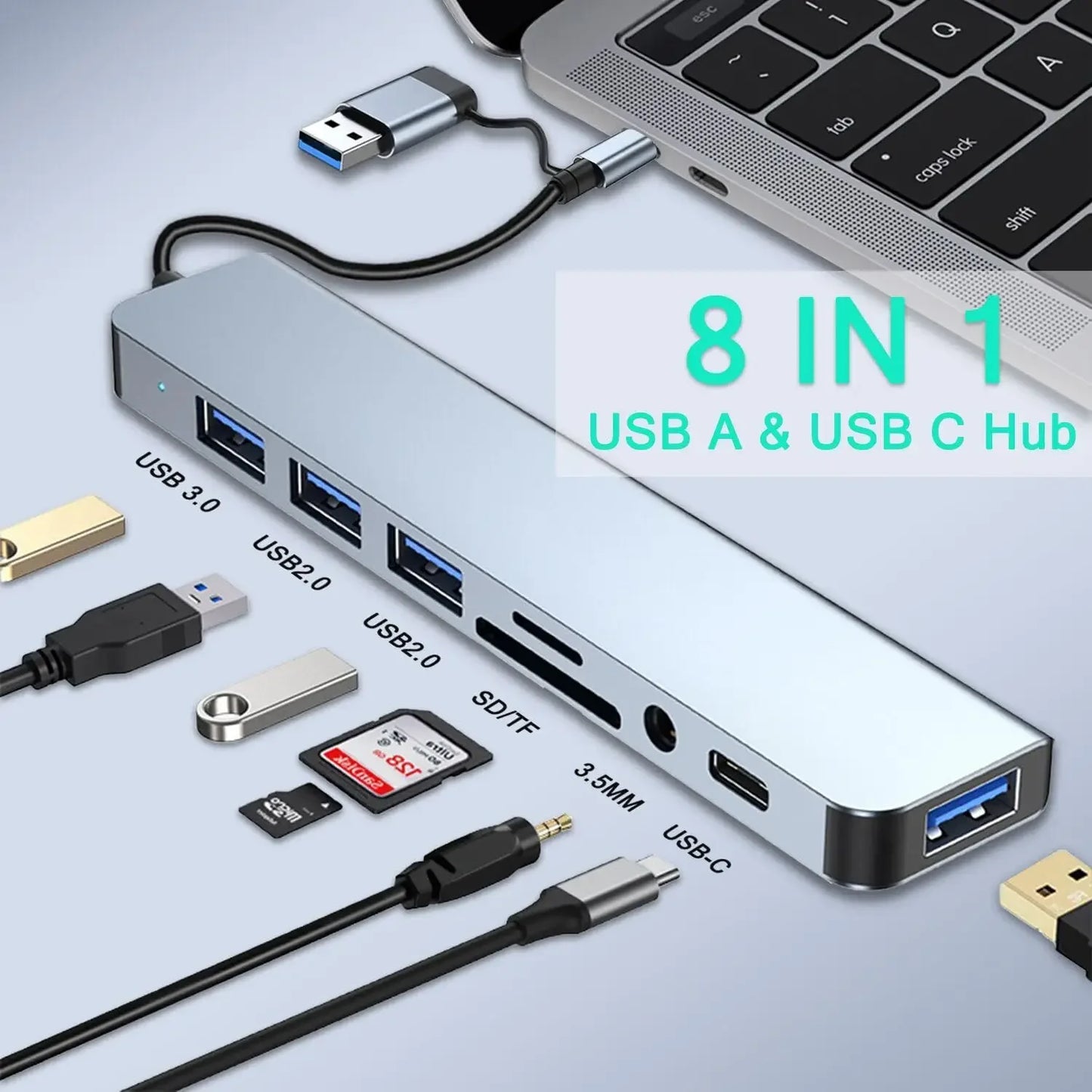 8 In 2 USB HUB With Splitter Card Reader, USB C Port, USB 3.0 / 2.0, SD/TF Splitter Card Reader, Docking Station