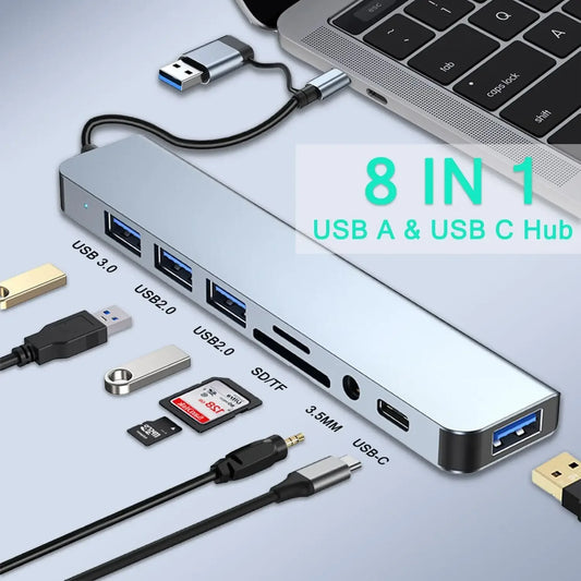 8 In 2 USB HUB With Splitter Card Reader, USB C Port, USB 3.0 / 2.0, SD/TF Splitter Card Reader, Docking Station