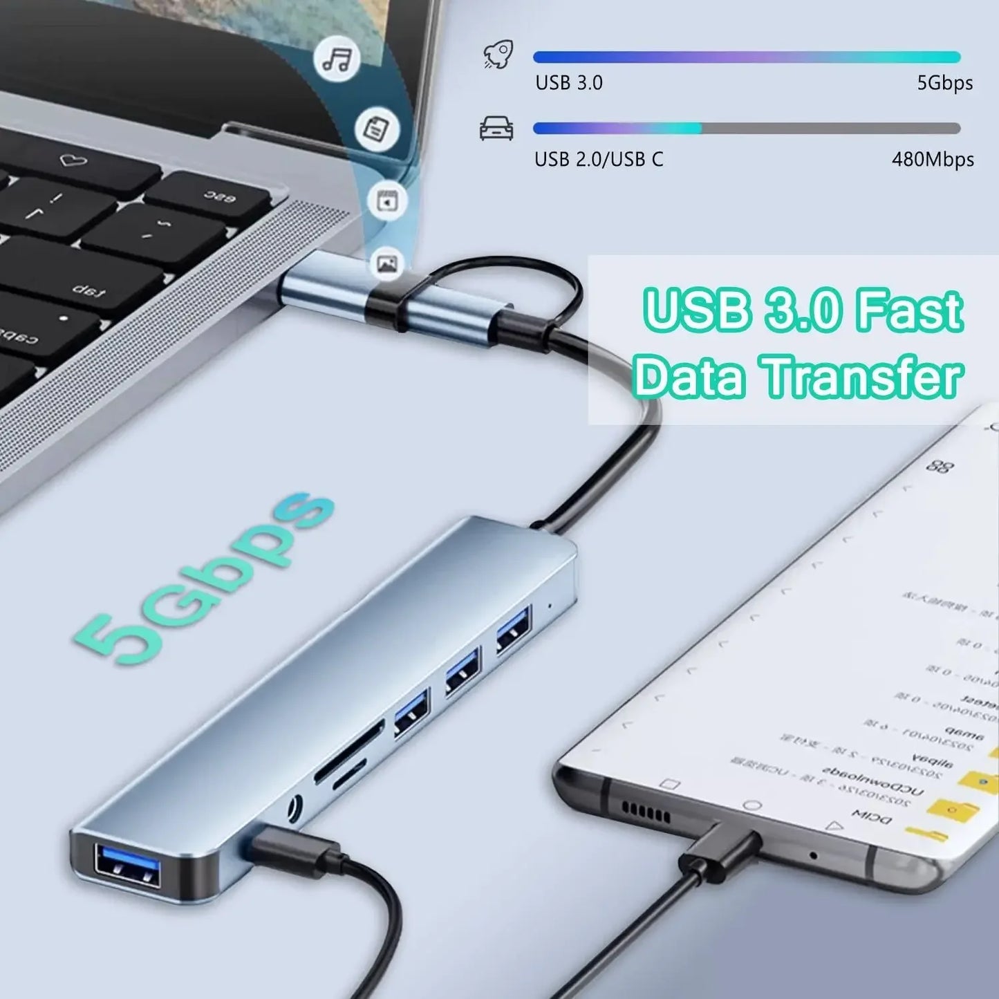8 In 2 USB HUB With Splitter Card Reader, USB C Port, USB 3.0 / 2.0, SD/TF Splitter Card Reader, Docking Station